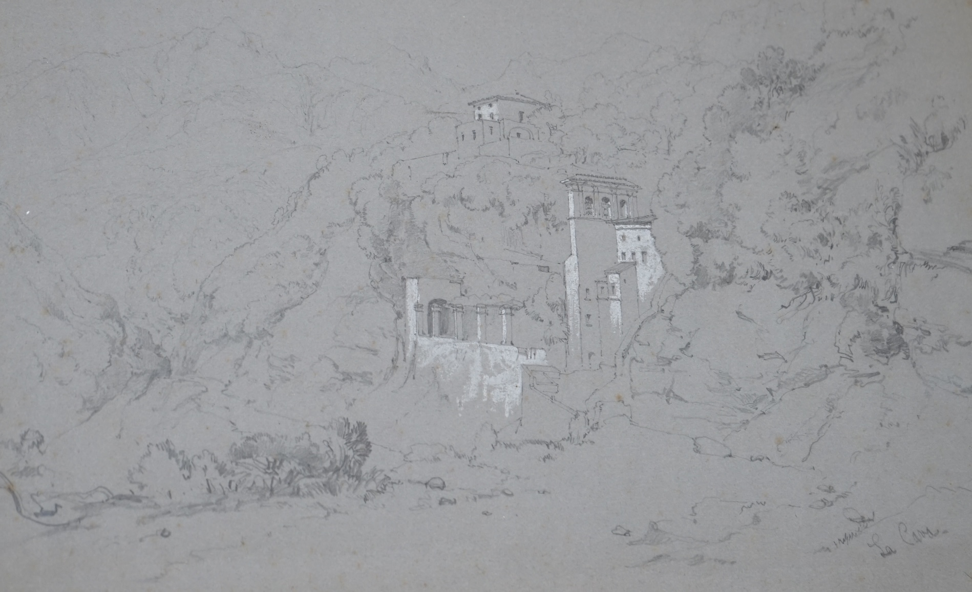 William Leighton Leitch RI (Scottish, 1804-1883), heightened pencil sketch, Continental mountainous landscape with villas, studio stamp lower right, details verso, 23 x 35cm. Condition - fair, spots of foxing throughout